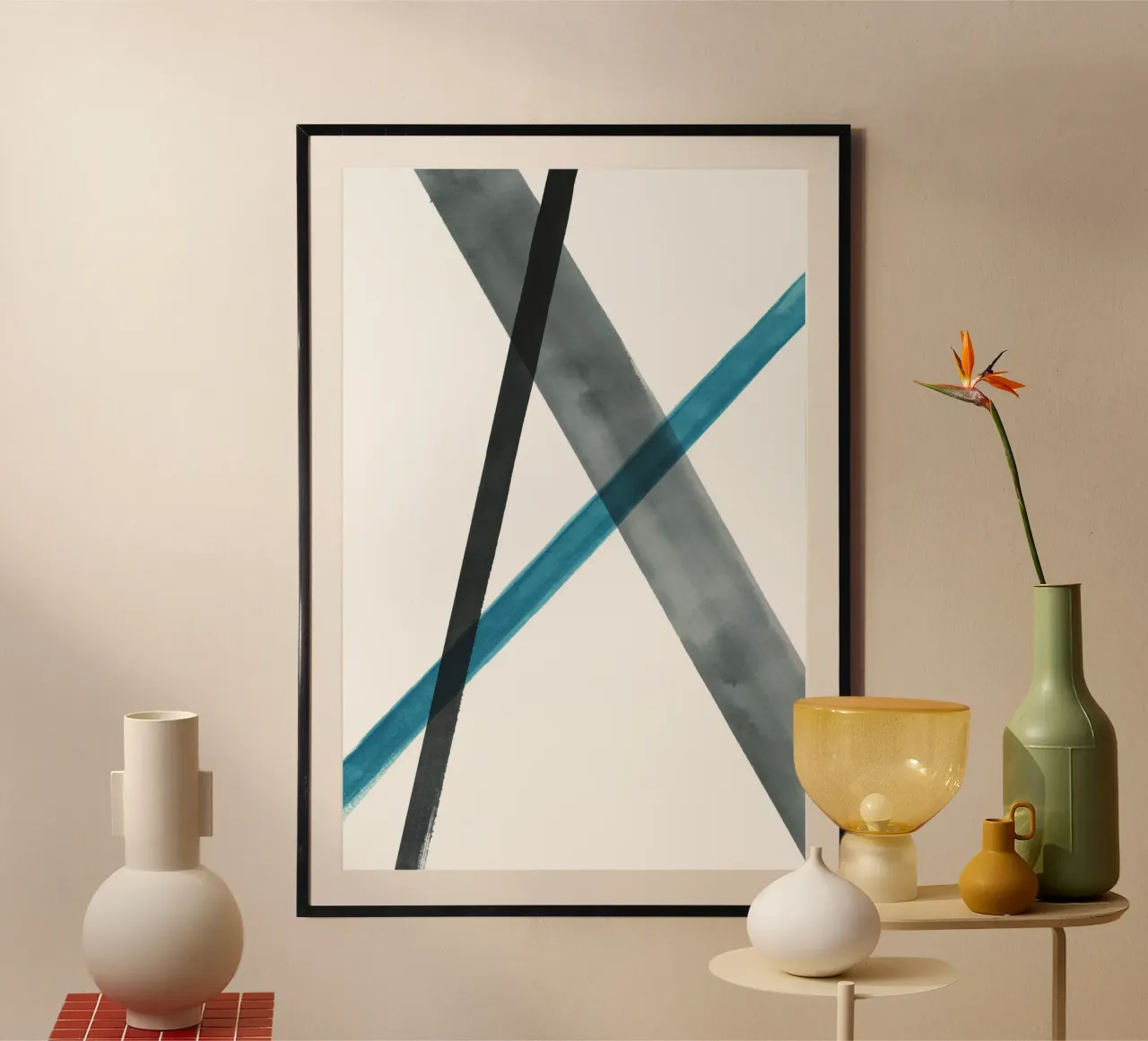 Linee acquerellate in toni freddi 1 poster con telaio in alluminio da NouveauPrints