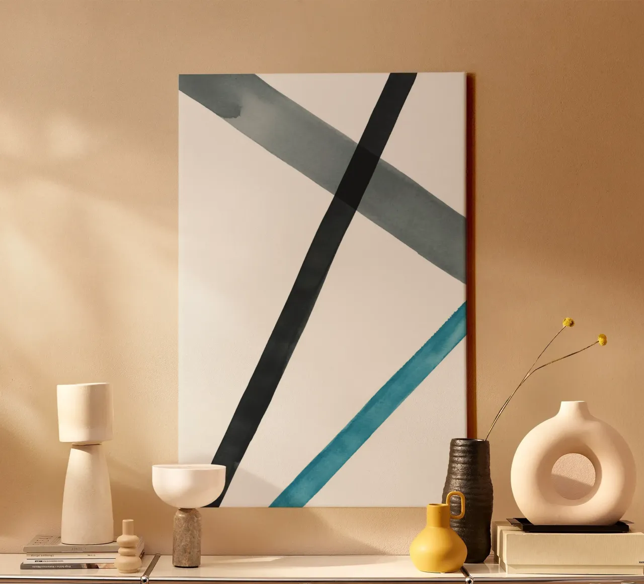 Linee acquerellate in toni freddi 2 tela con Cornice a cassetta da NouveauPrints