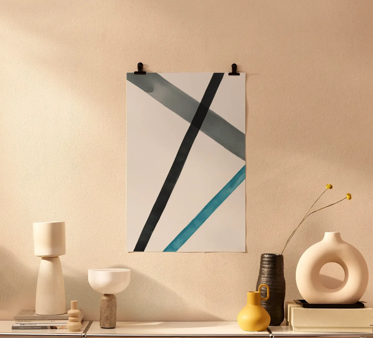Lignes d'aquarelle dans des tons froids 2 poster avec cadre en bois de NouveauPrints