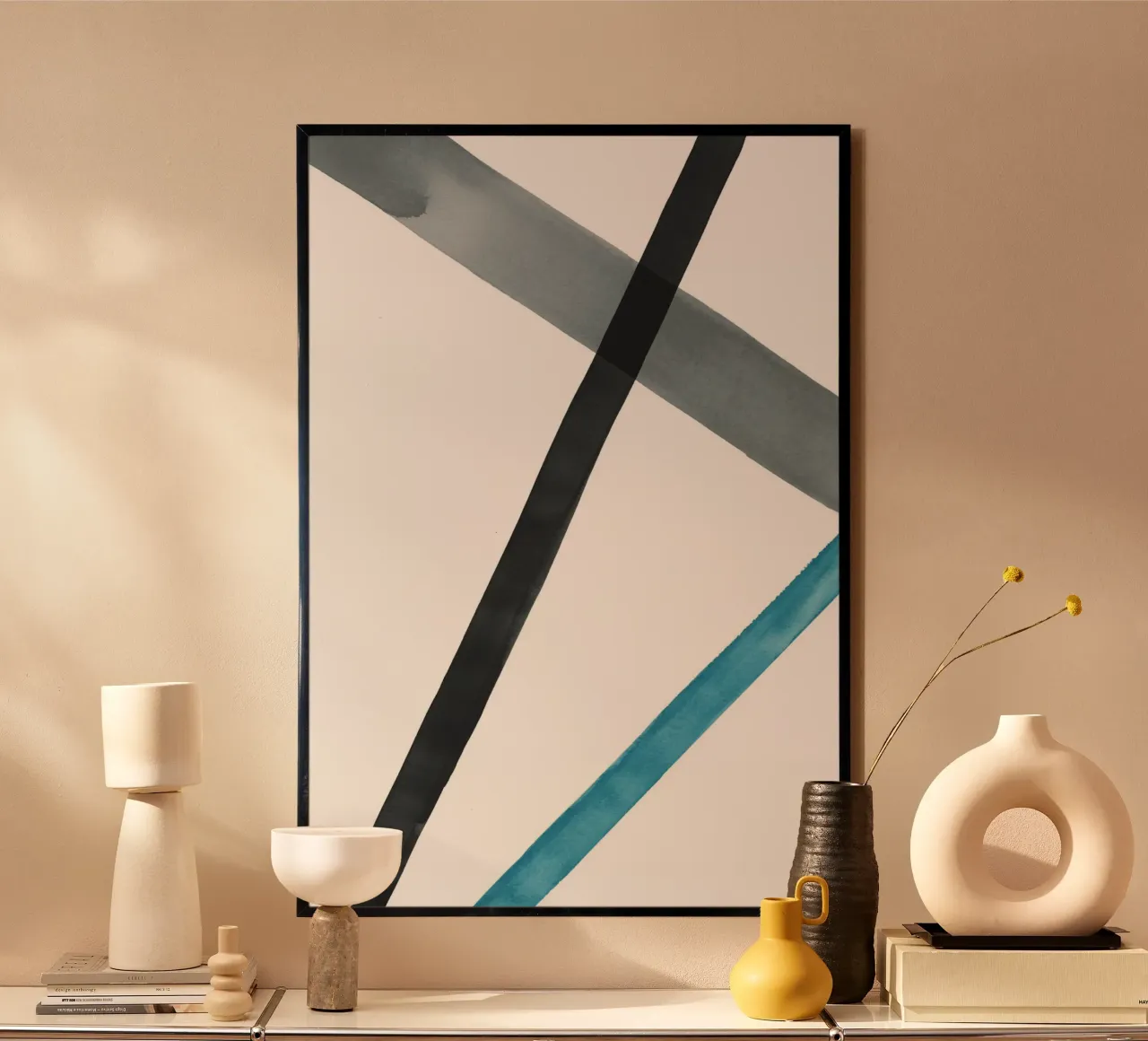 Lignes d'aquarelle dans des tons froids 2 poster avec cadre en bois de NouveauPrints
