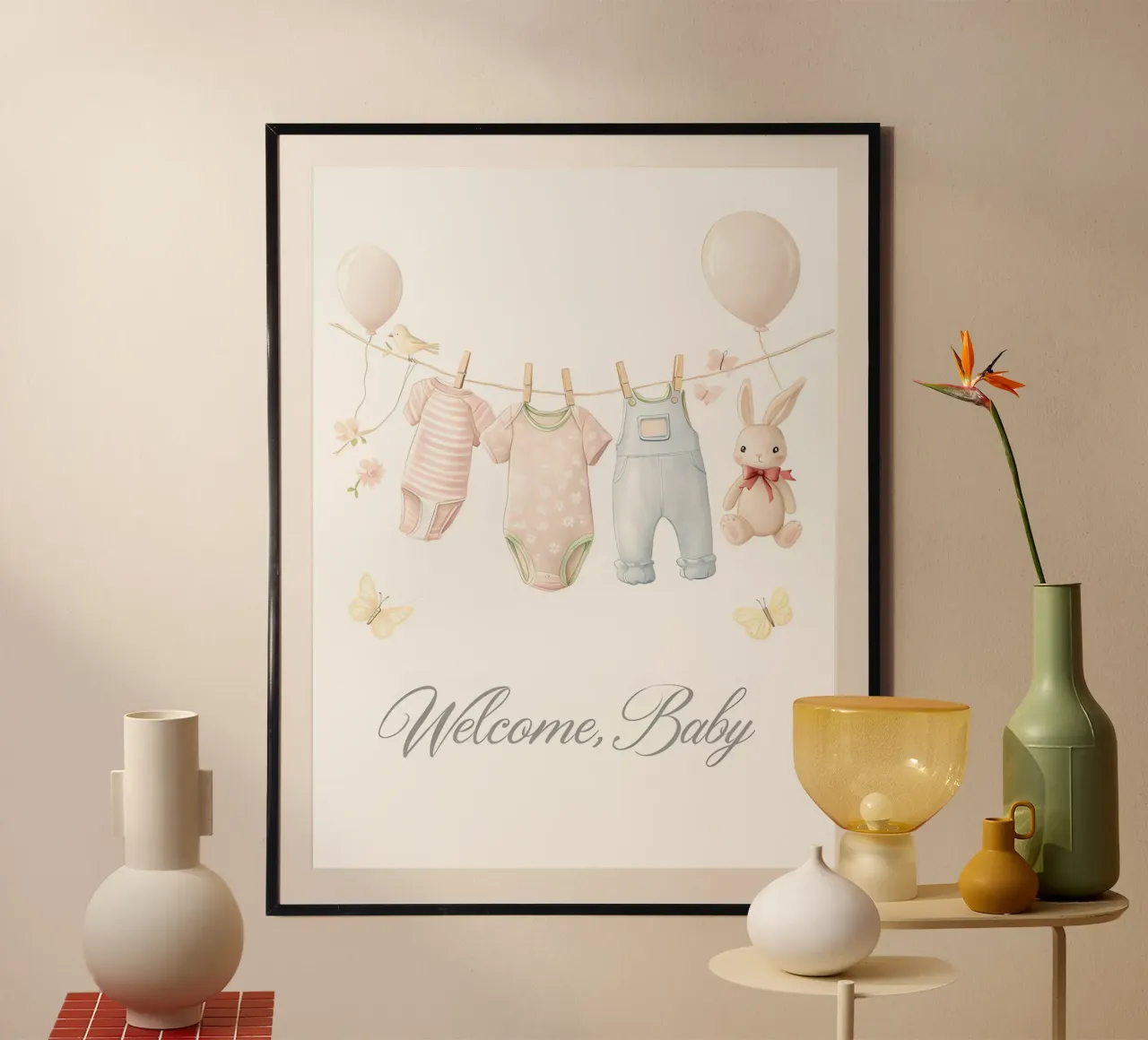 Illustrazione dello stendibiancheria di benvenuto per bambini poster con telaio in legno da 🐹 BABY ART PRINTS