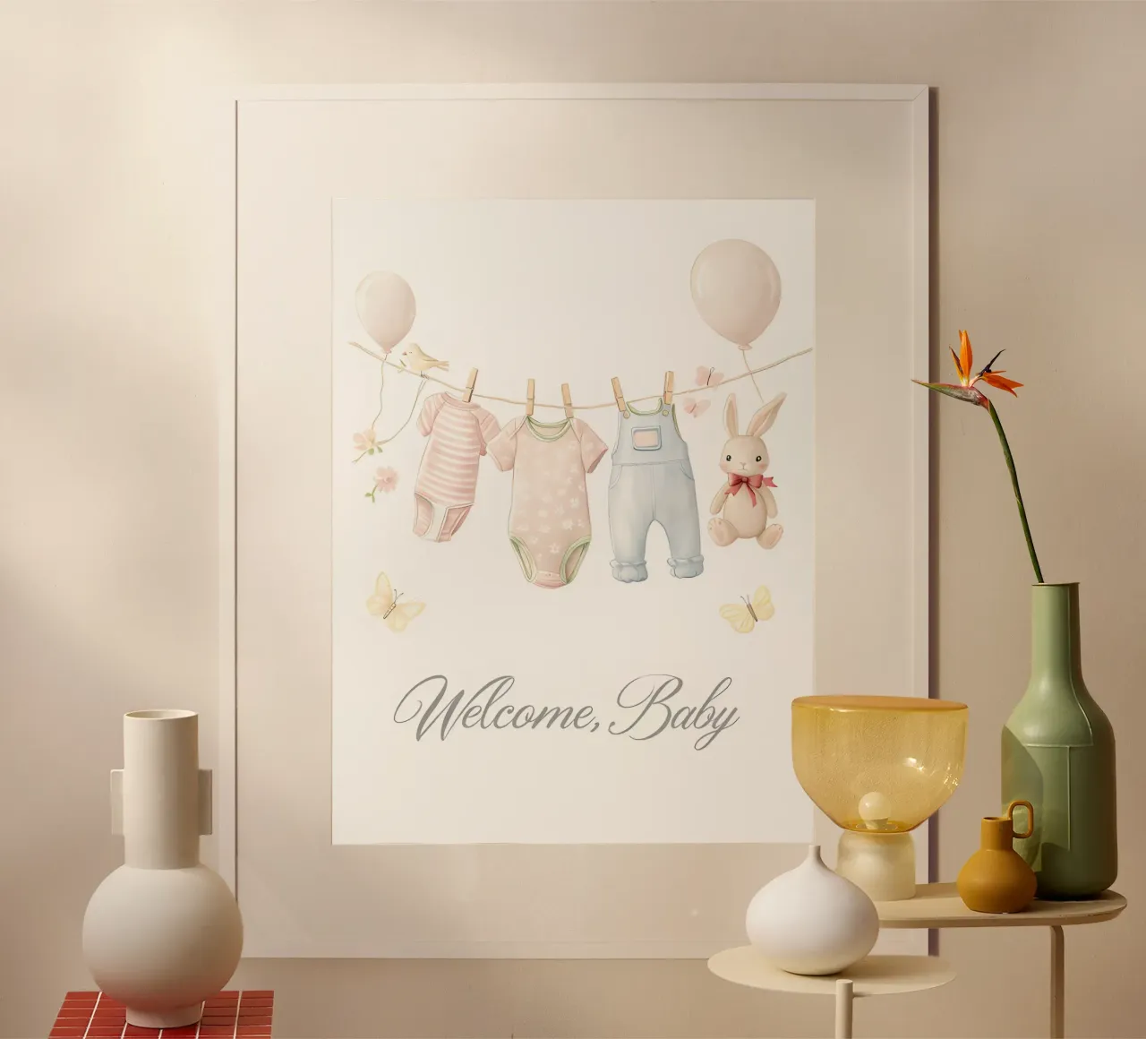 Illustrazione dello stendibiancheria di benvenuto per bambini poster con telaio in legno da 🐹 BABY ART PRINTS