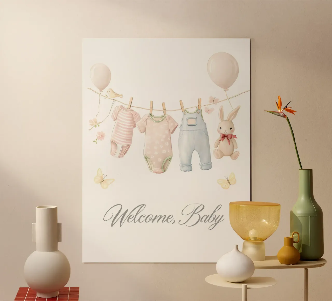 Illustrazione dello stendibiancheria di benvenuto per bambini poster con telaio in legno da 🐹 BABY ART PRINTS