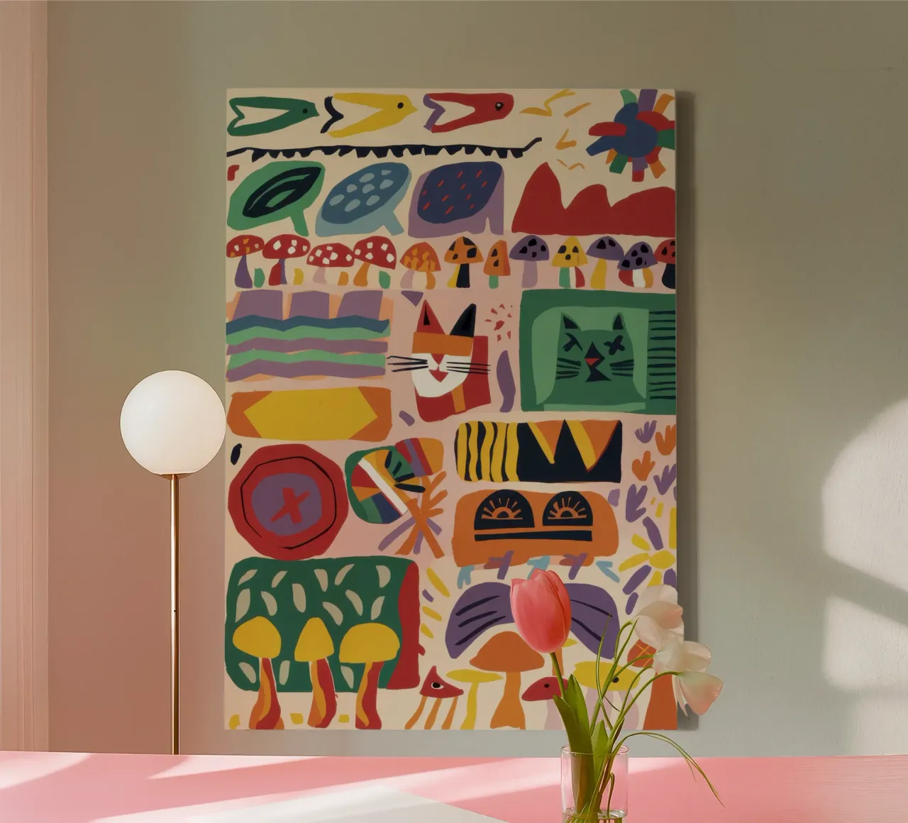 Speelse stad abstract canvas met Baklijst van Bruce Juice