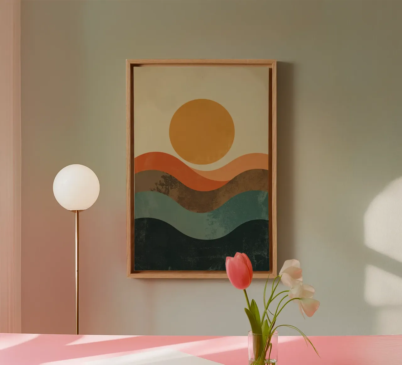 Abstract golvend landschap met zonillustratie canvas met Baklijst van DesignDoodle