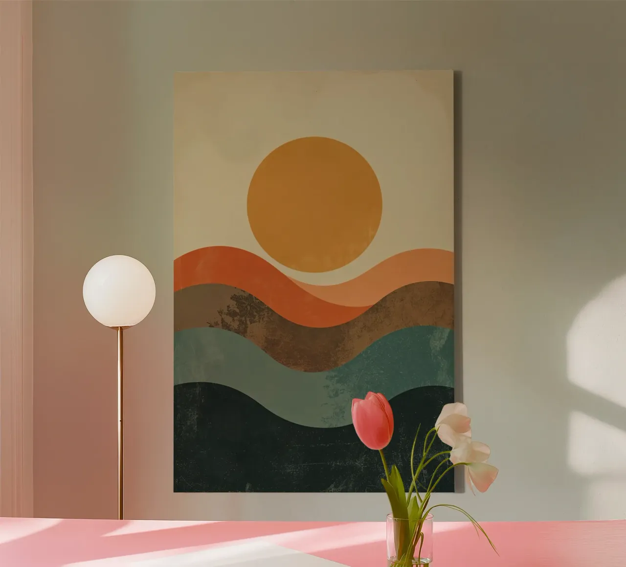 Abstract golvend landschap met zonillustratie canvas met Baklijst van DesignDoodle