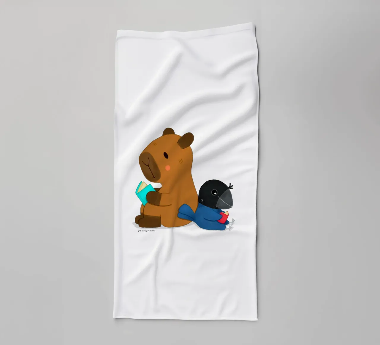 Capybara and Bird reading books towel by julianamotzko
