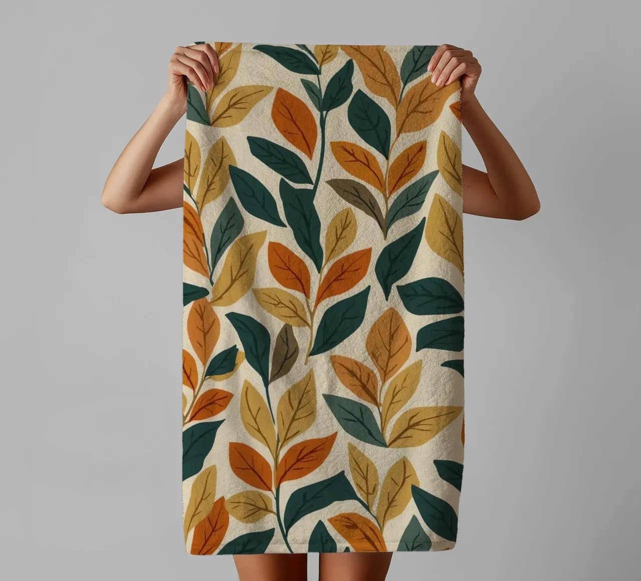 Repeating Pattern of Colored Leaves on Beige Background towel by DesignDoodle