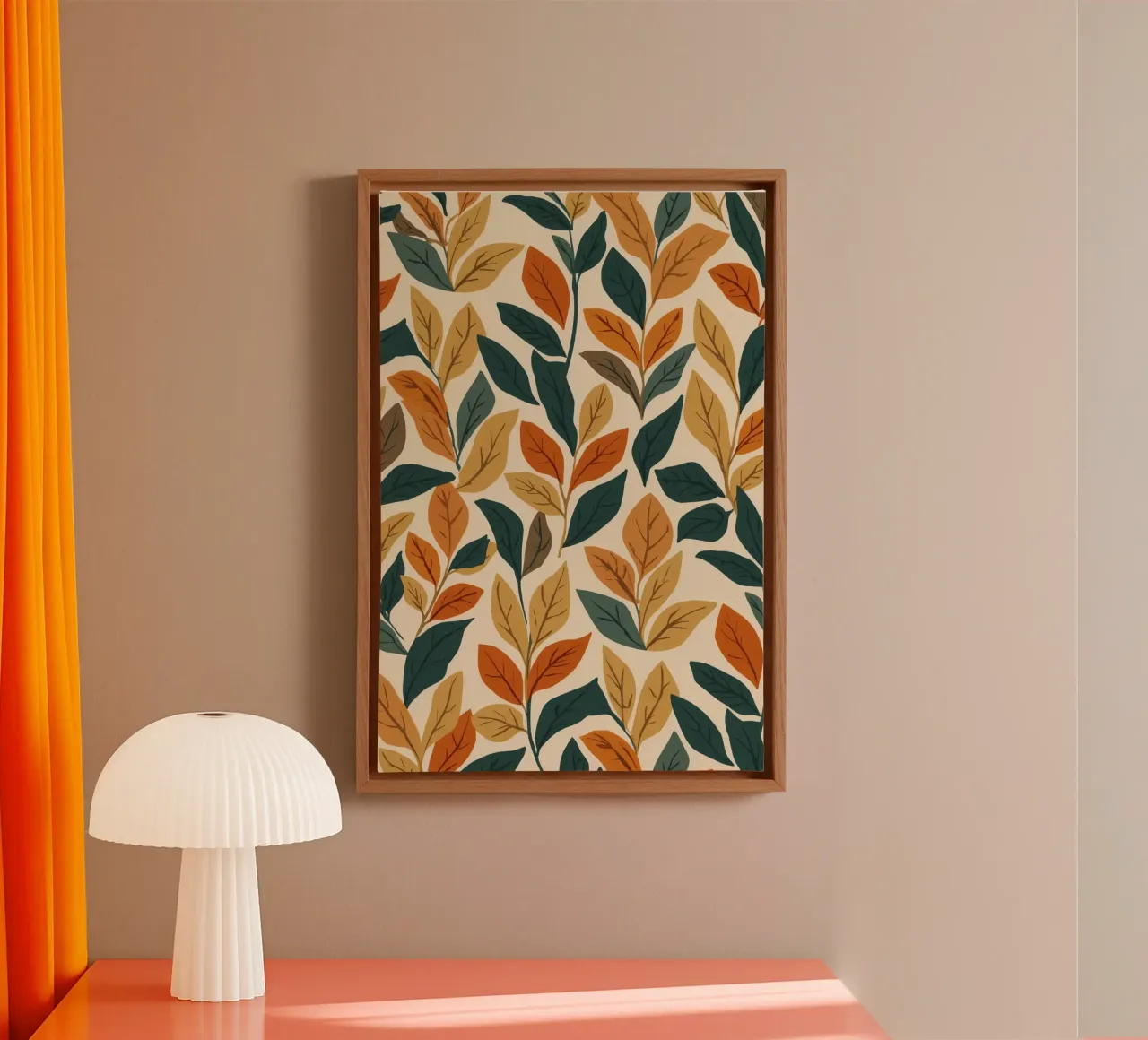 Repeating Pattern of Colored Leaves on Beige Background canvas with Floater frame by DesignDoodle