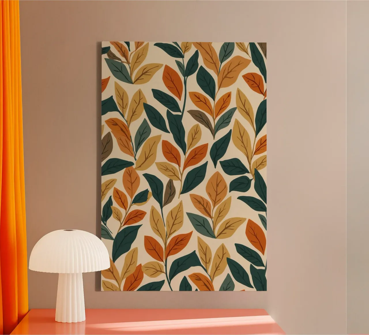 Repeating Pattern of Colored Leaves on Beige Background canvas with Floater frame by DesignDoodle