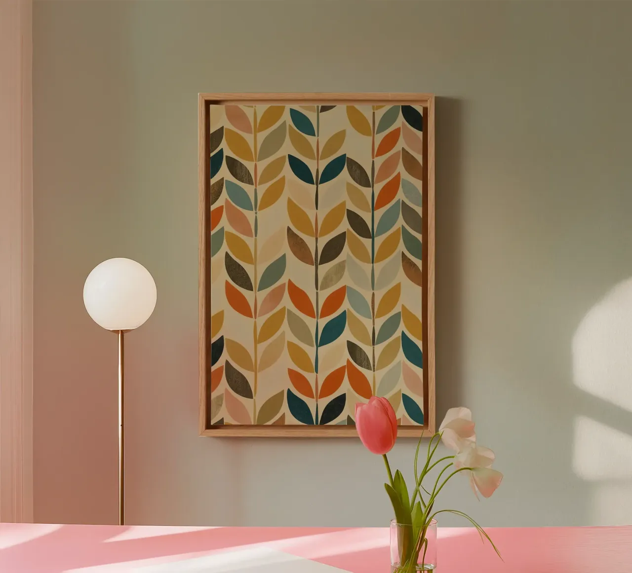 Repeating Leaf Stalk Pattern Multicolored wallpaper canvas with Floater frame by DesignDoodle