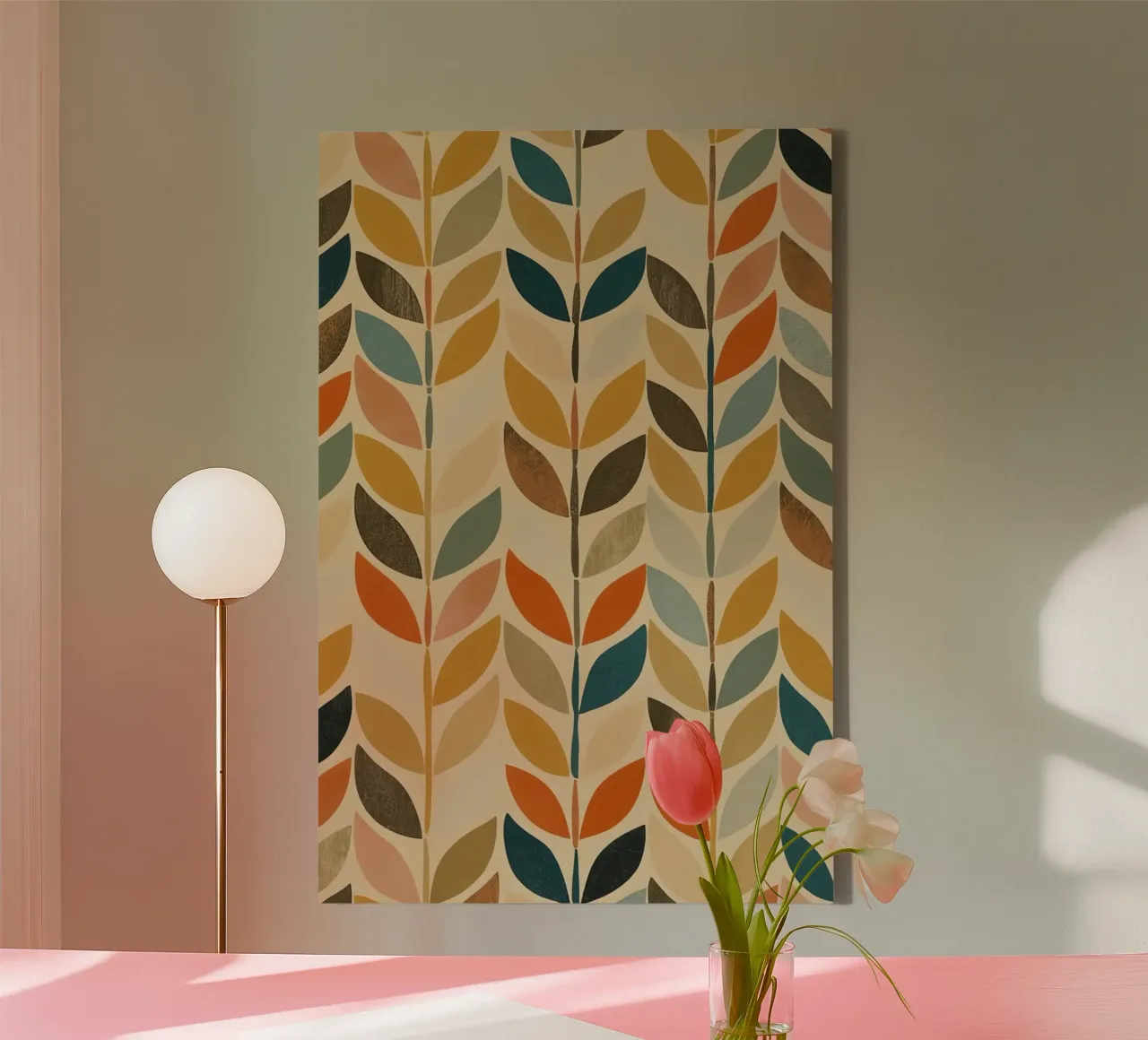 Repeating Leaf Stalk Pattern Multicolored wallpaper canvas with Floater frame by DesignDoodle