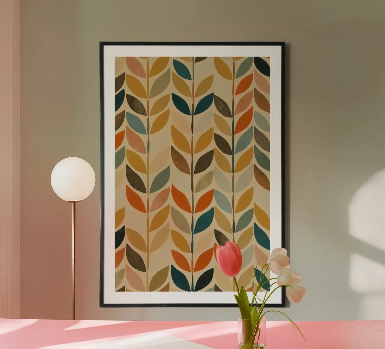 Repeating Leaf Stalk Pattern Multicolored wallpaper poster with plastic frame by DesignDoodle