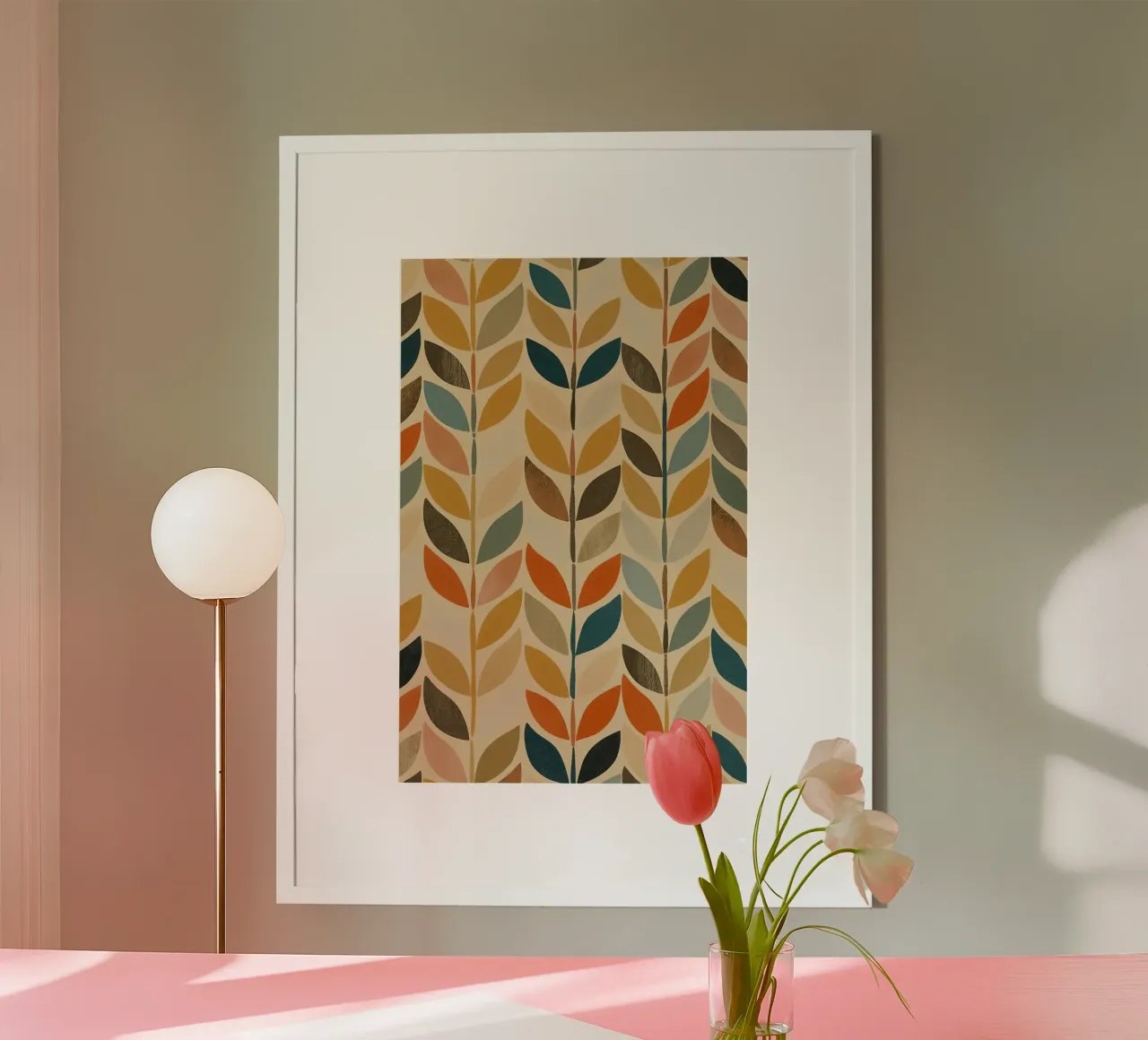 Repeating Leaf Stalk Pattern Multicolored wallpaper poster with plastic frame by DesignDoodle