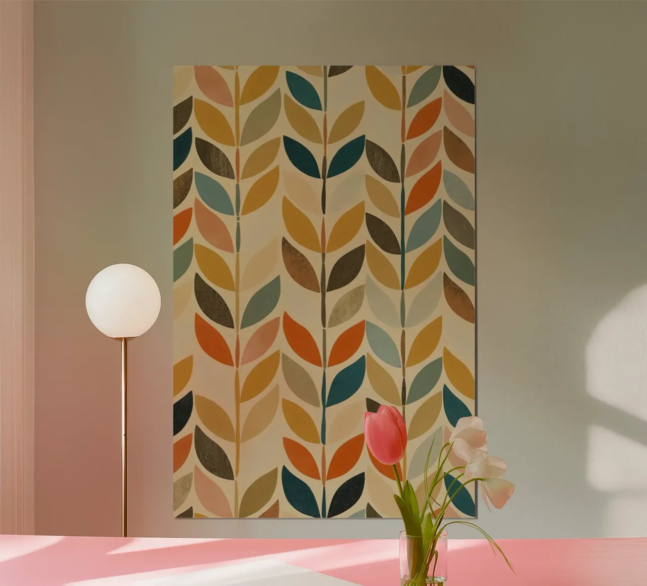 Repeating Leaf Stalk Pattern Multicolored wallpaper poster with plastic frame by DesignDoodle