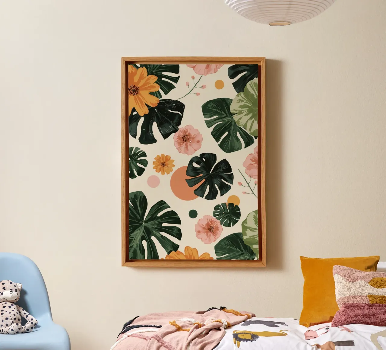 Monstera Leaves Flowers and Circles Pattern wallpaper canvas with Floater frame by DesignDoodle