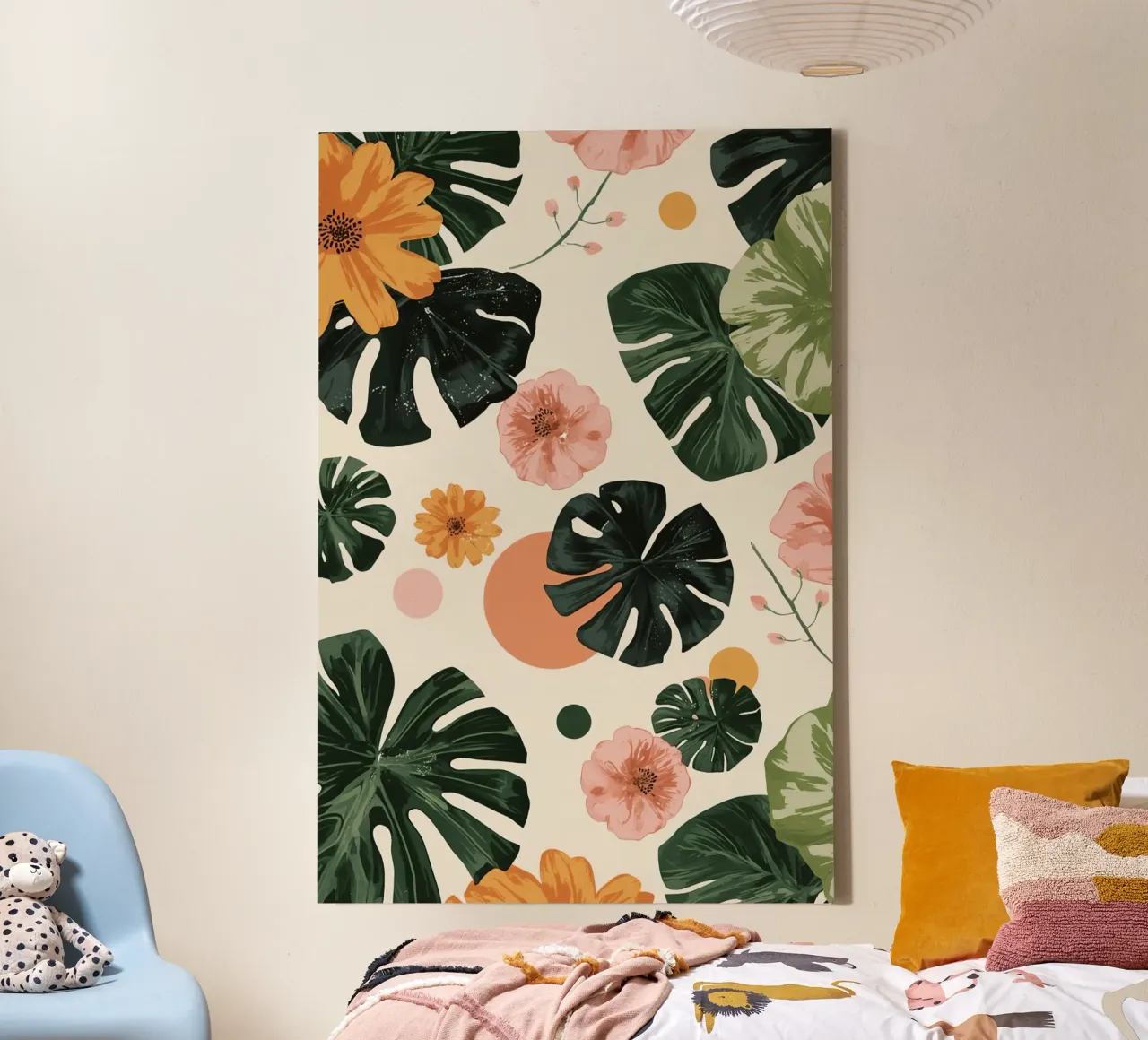 Monstera Leaves Flowers and Circles Pattern wallpaper canvas with Floater frame by DesignDoodle