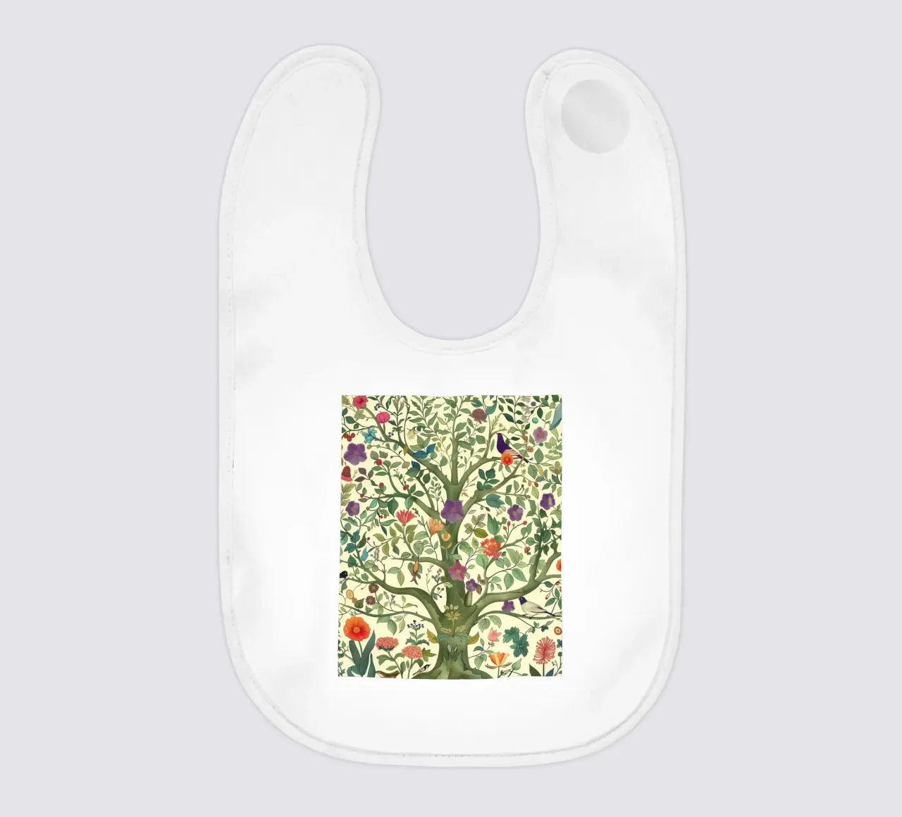 Albero della vita botanico vintage con uccelli e fiori di primavera bavaglino da Gentle Echoes Art