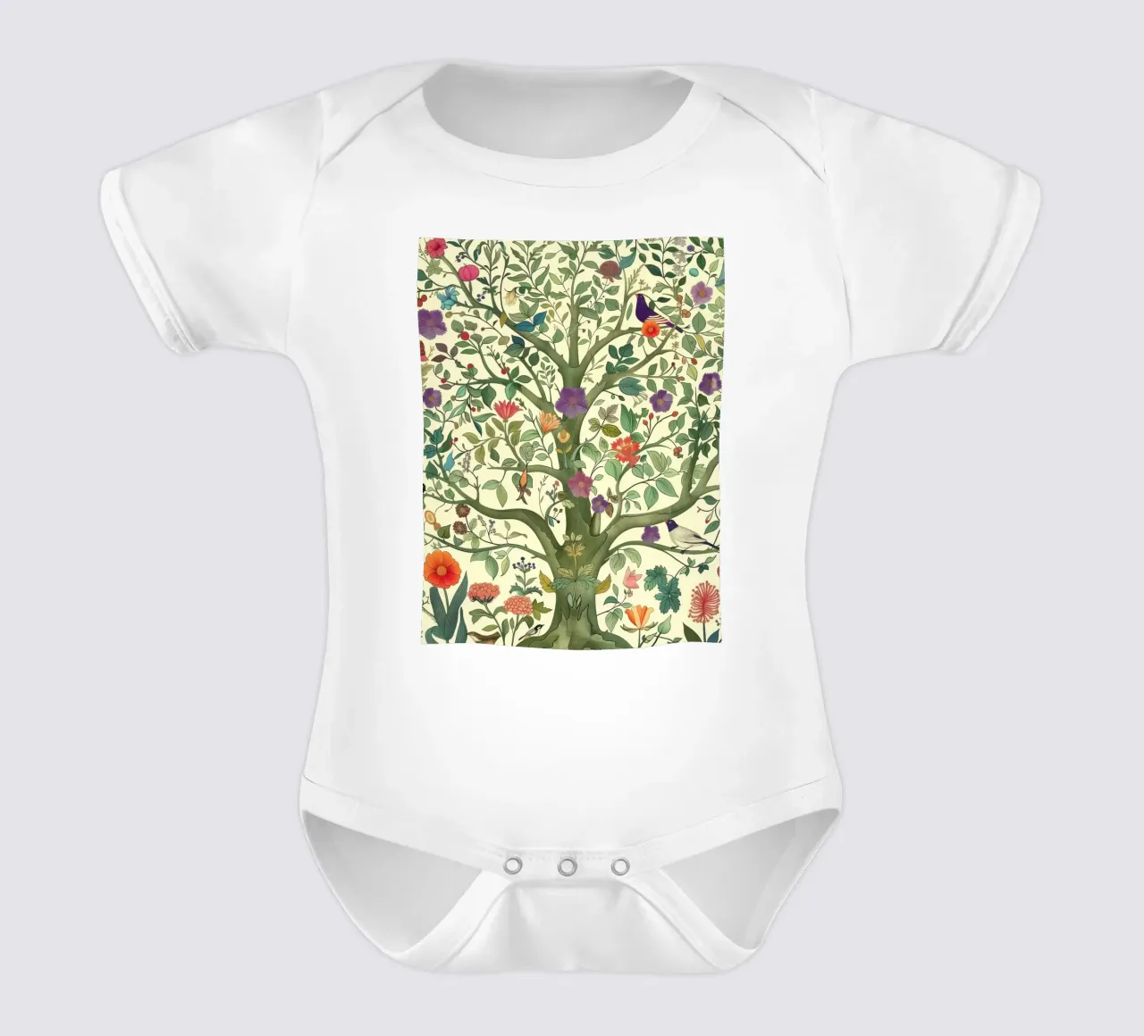 Albero della vita botanico vintage con uccelli e fiori di primavera body neonato maniche corte da Gentle Echoes Art