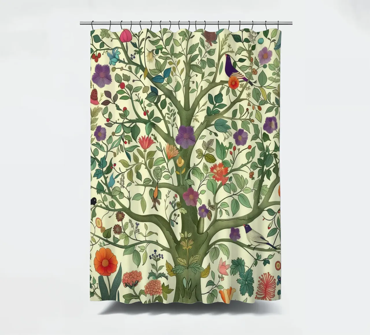 Albero della vita botanico vintage con uccelli e fiori di primavera tenda da doccia da Gentle Echoes Art