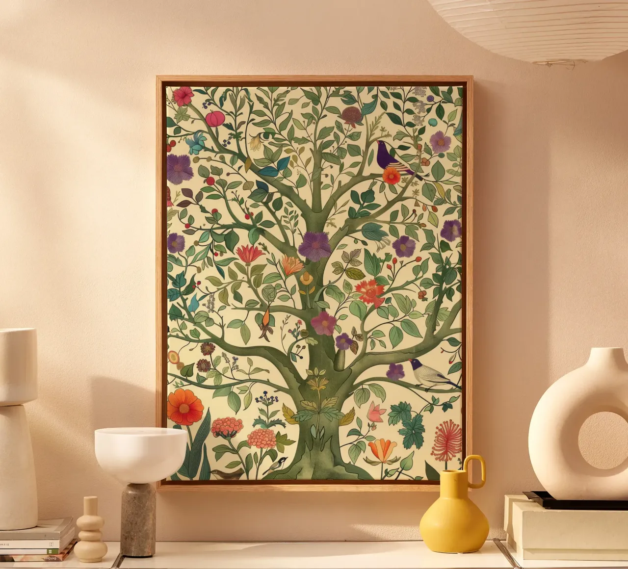 Albero della vita botanico vintage con uccelli e fiori di primavera tela con Cornice a cassetta da Gentle Echoes Art