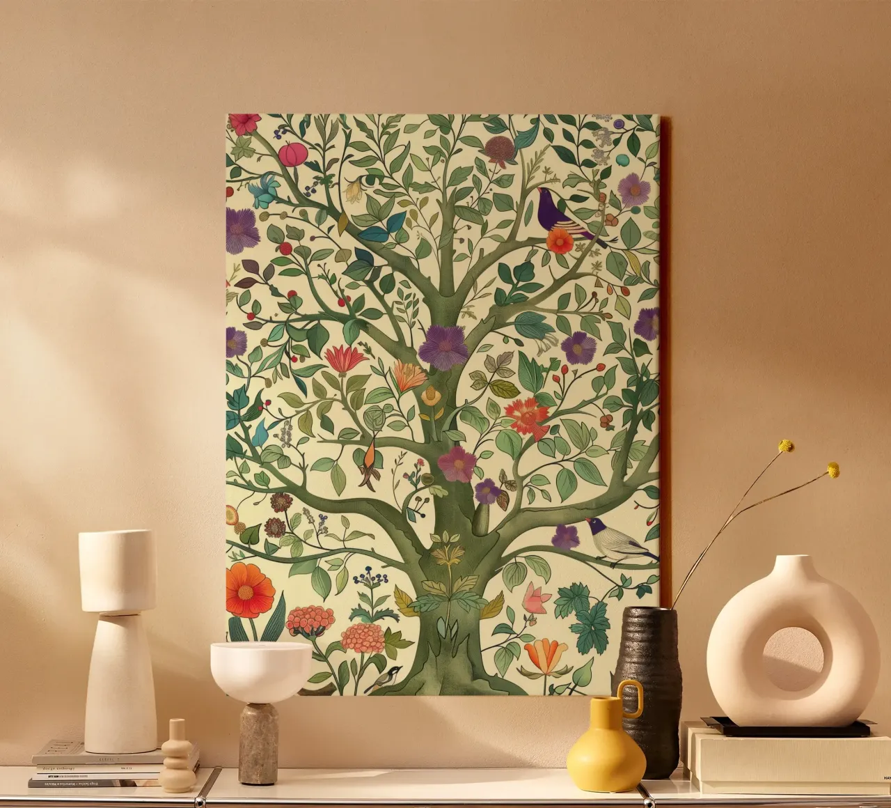 Albero della vita botanico vintage con uccelli e fiori di primavera tela con Cornice a cassetta da Gentle Echoes Art