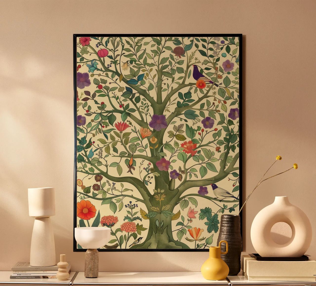 Arbre de vie botanique vintage avec oiseaux et fleurs de printemps poster de Gentle Echoes Art