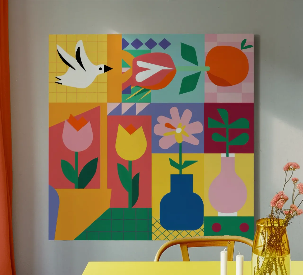 Geometrische vogeltuin canvas met Baklijst van Bruce Juice