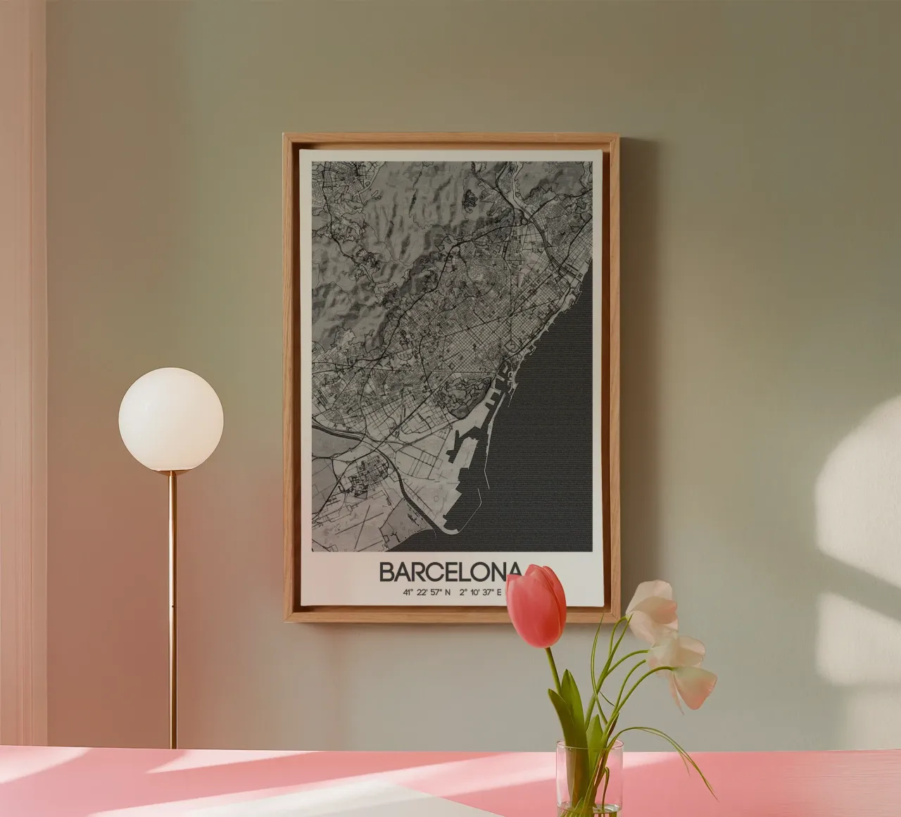 Kunstposter Barcelona - Stadsplattegrond in modern ontwerp canvas met Baklijst van CityMapPoster