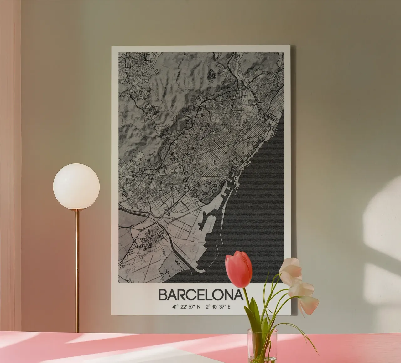 Kunstposter Barcelona - Stadsplattegrond in modern ontwerp canvas met Baklijst van CityMapPoster
