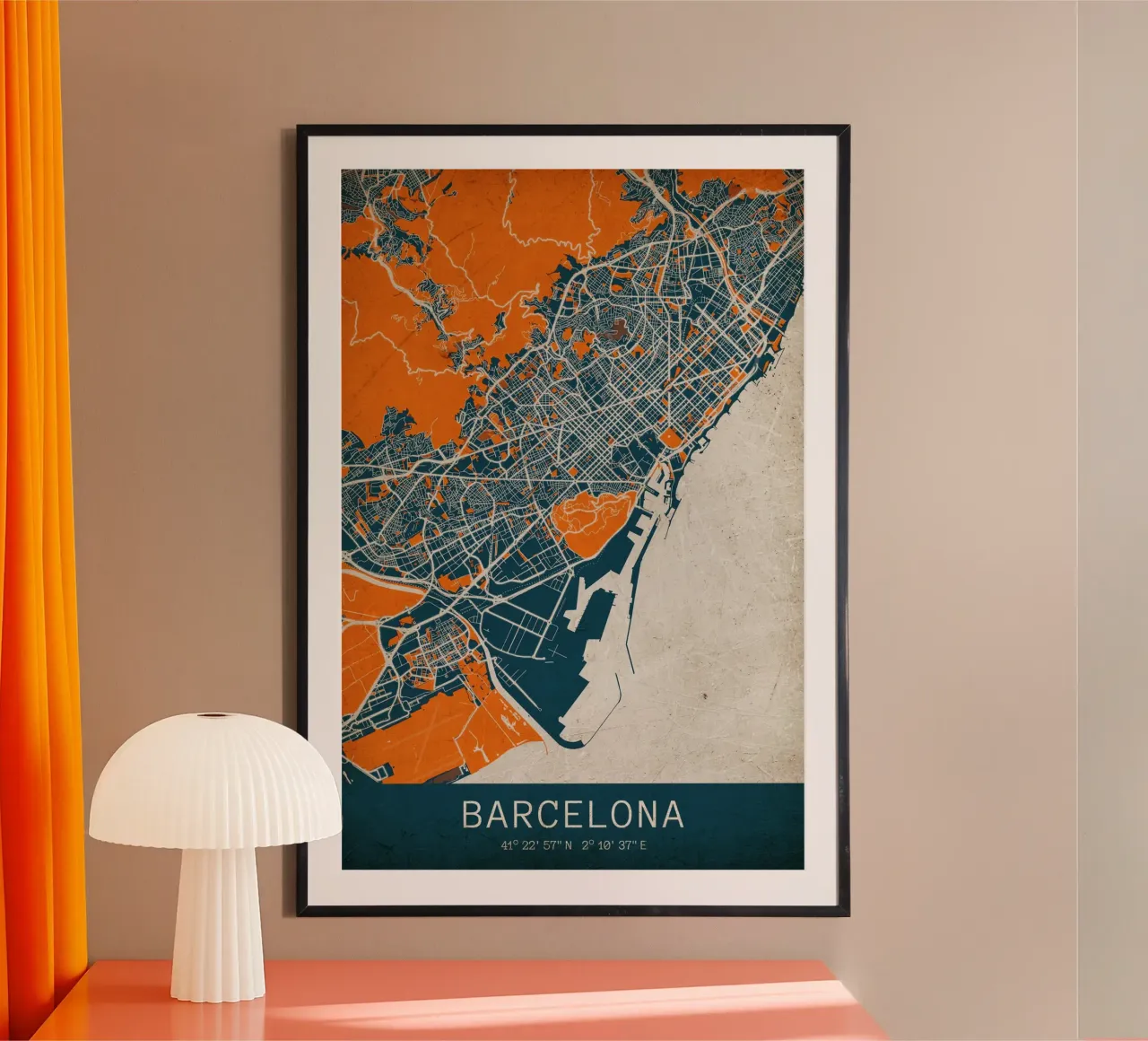 Paesaggio urbano di Barcellona - poster dal design moderno poster con telaio in legno da CityMapPoster