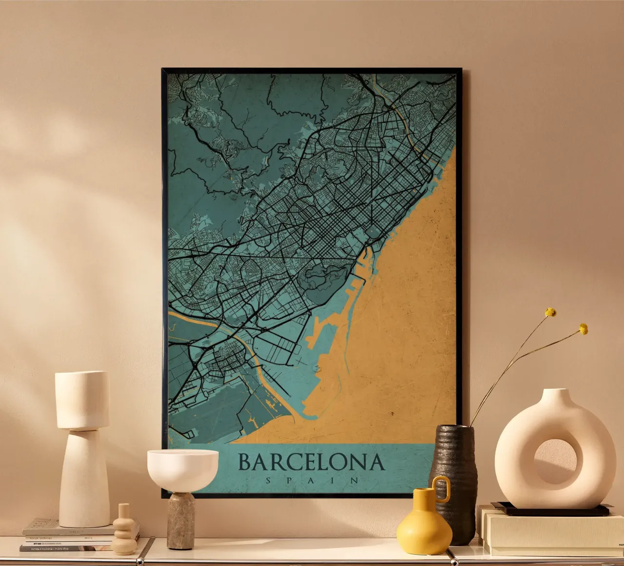 Stadsplattegrond Barcelona - Abstracte kunst op canvas poster van CityMapPoster