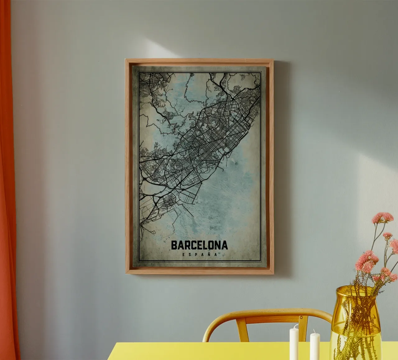 Muurschildering Barcelona - Abstracte stadsplattegrond in kunstvorm canvas met Baklijst van CityMapPoster