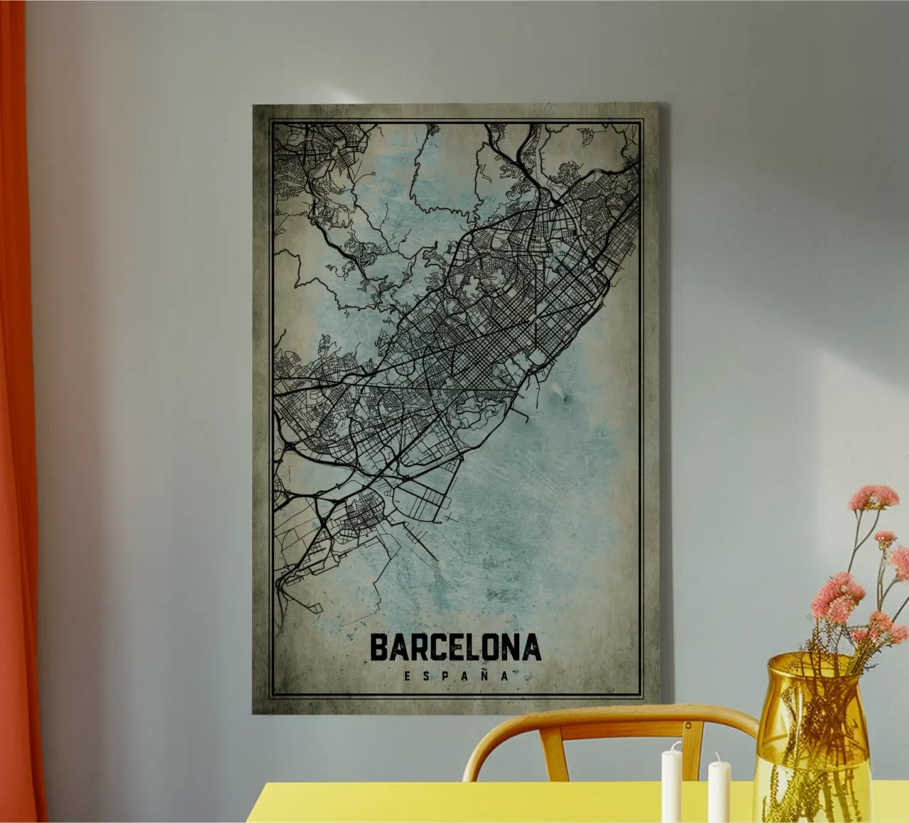 Muurschildering Barcelona - Abstracte stadsplattegrond in kunstvorm canvas met Baklijst van CityMapPoster