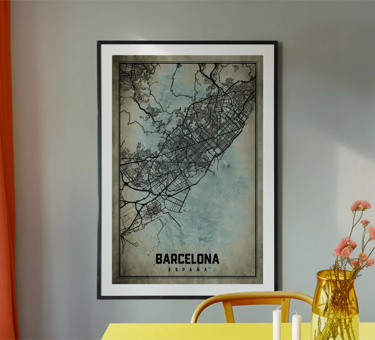 Murale Barcellona - Mappa astratta della città in forma d'arte poster con telaio in alluminio da CityMapPoster