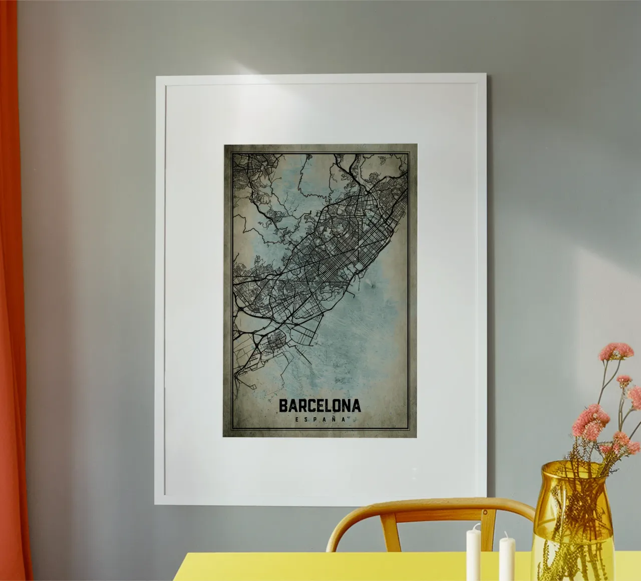Murale Barcellona - Mappa astratta della città in forma d'arte poster con telaio in alluminio da CityMapPoster