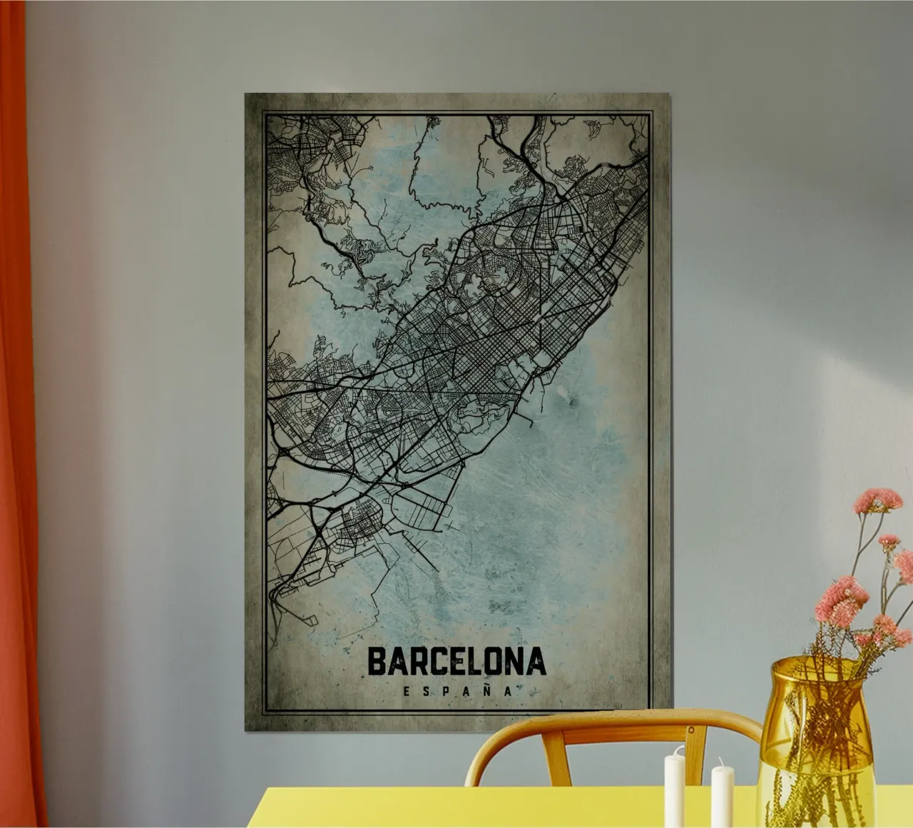 Murale Barcellona - Mappa astratta della città in forma d'arte poster con telaio in alluminio da CityMapPoster