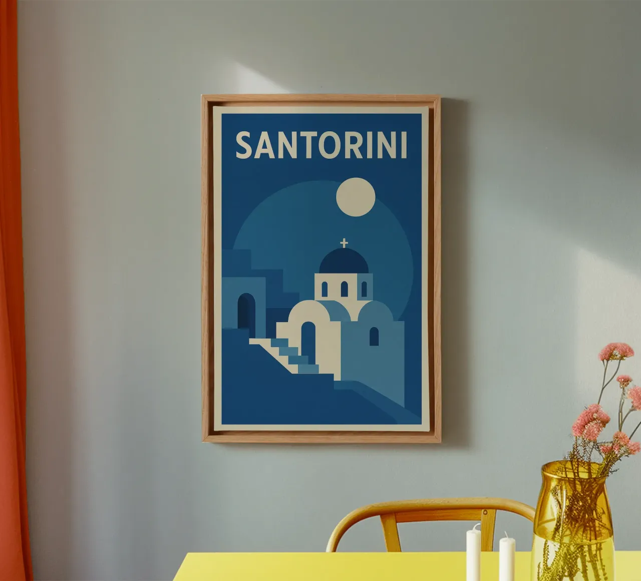 SANTORINI - The magic of blue domes in the moonlight canvas with Floater frame by JETLAG | affiches voyage