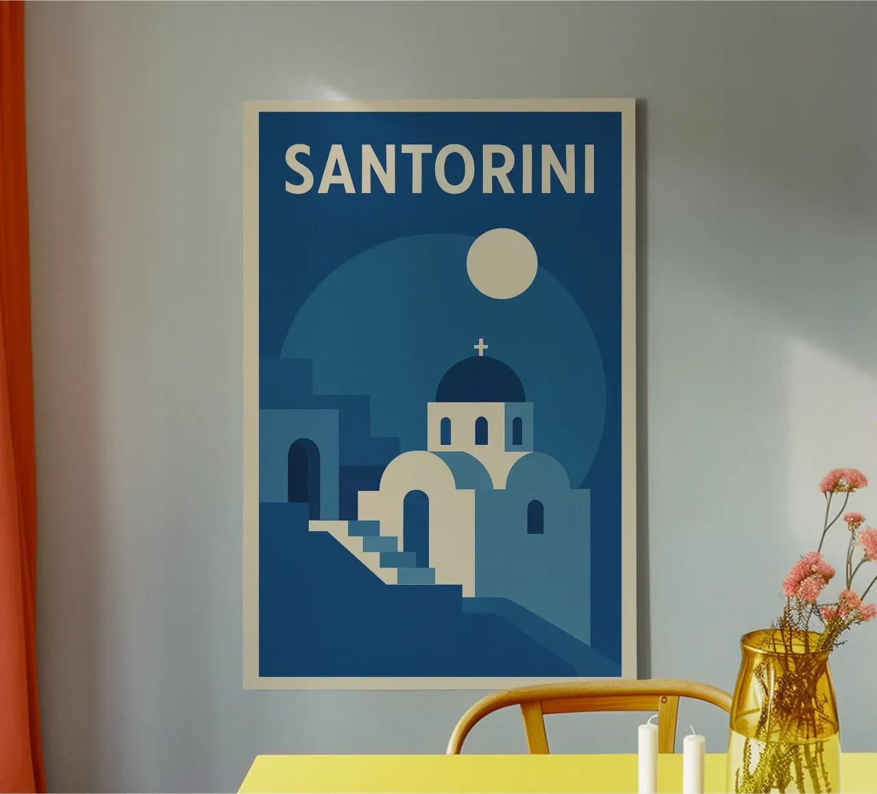 SANTORINI - The magic of blue domes in the moonlight canvas with Floater frame by JETLAG | affiches voyage