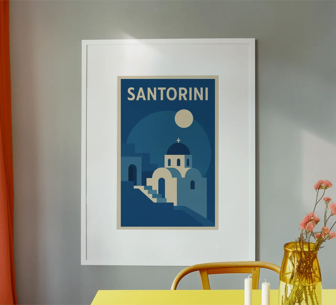 SANTORINI - La magia de las cúpulas azules a la luz de la luna poster con marco de madera de JETLAG | affiches voyage