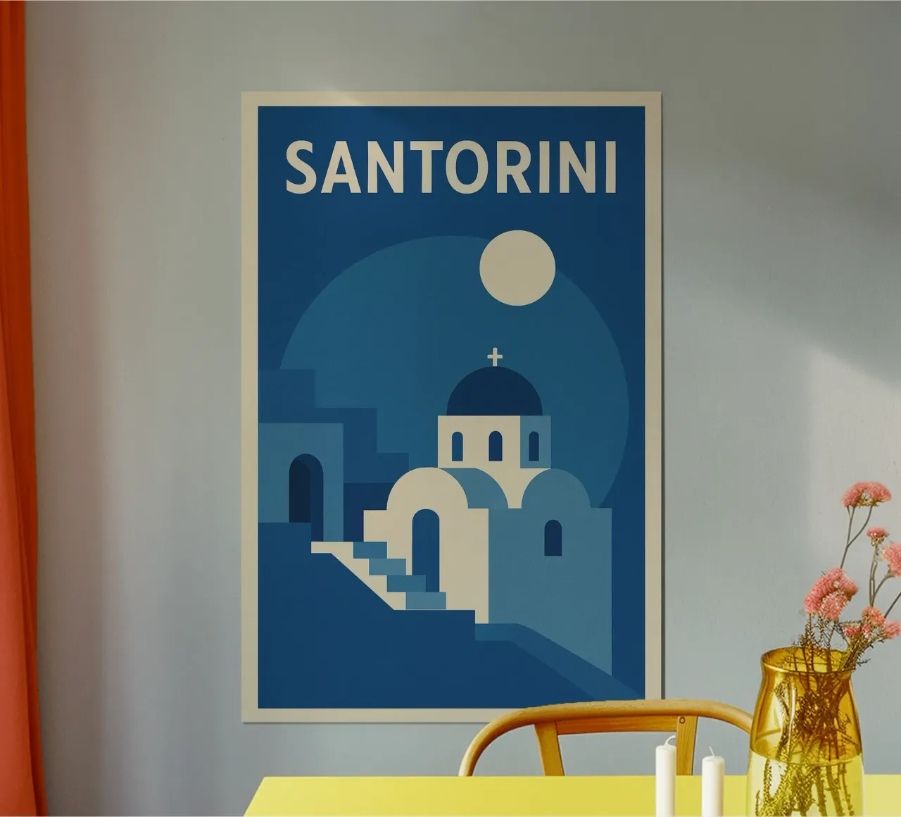 SANTORINI - La magia de las cúpulas azules a la luz de la luna poster con marco de madera de JETLAG | affiches voyage