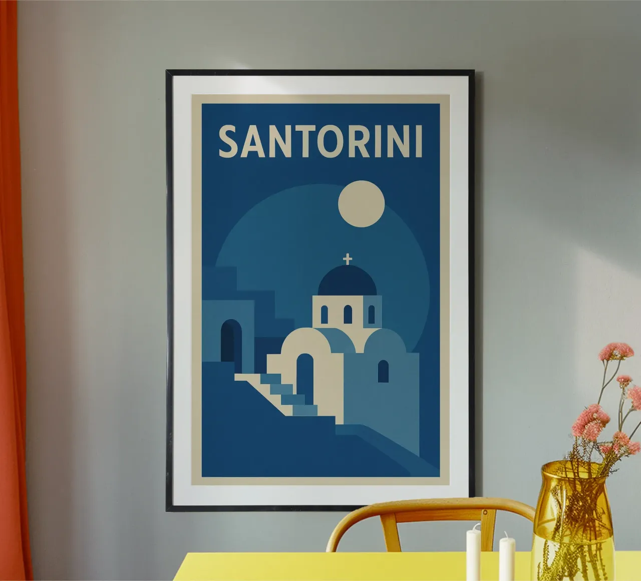 SANTORINI - La magia de las cúpulas azules a la luz de la luna poster con marco de madera de JETLAG | affiches voyage