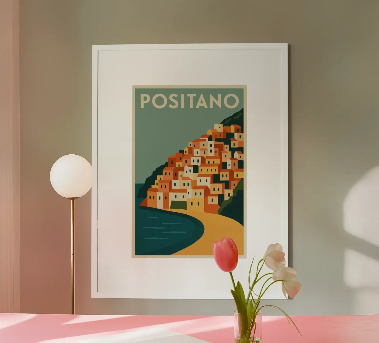 POSITANO - Un villaggio sospeso tra cielo e mare poster con telaio in legno da JETLAG | affiches voyage