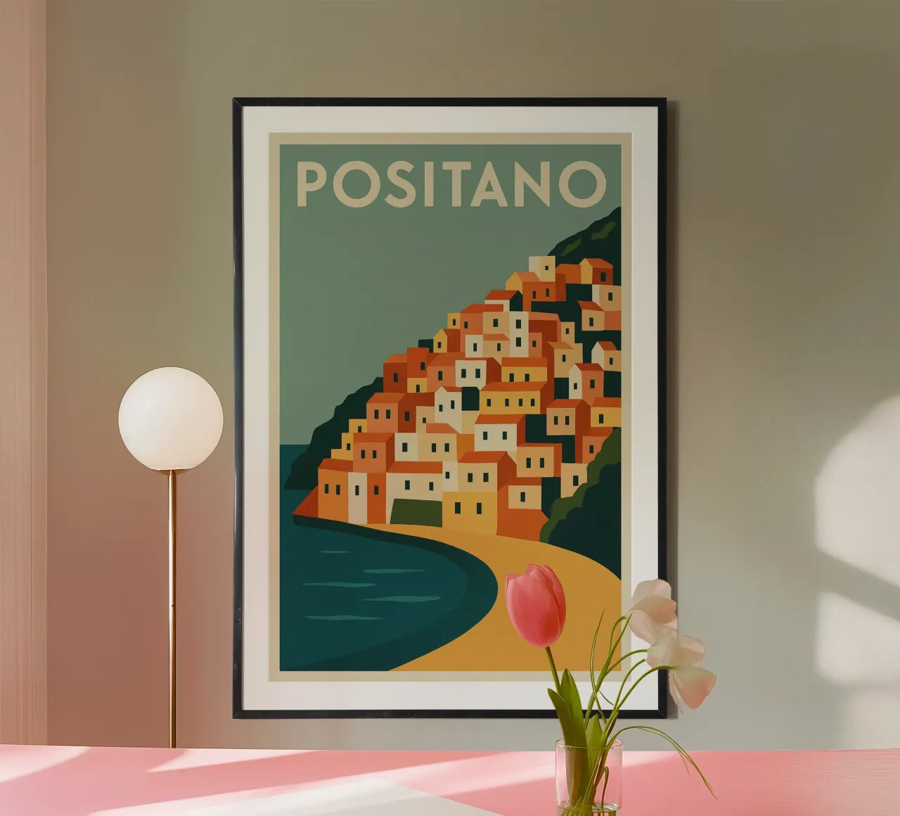POSITANO - Un villaggio sospeso tra cielo e mare poster con telaio in legno da JETLAG | affiches voyage