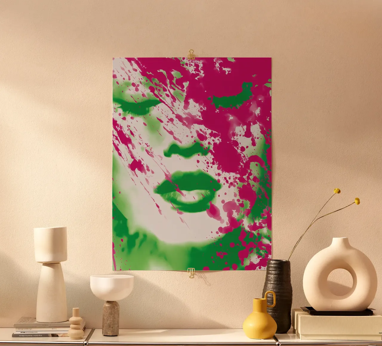 Ritratto caotico di donna in magenta e verde poster con telaio in legno da Autofocus