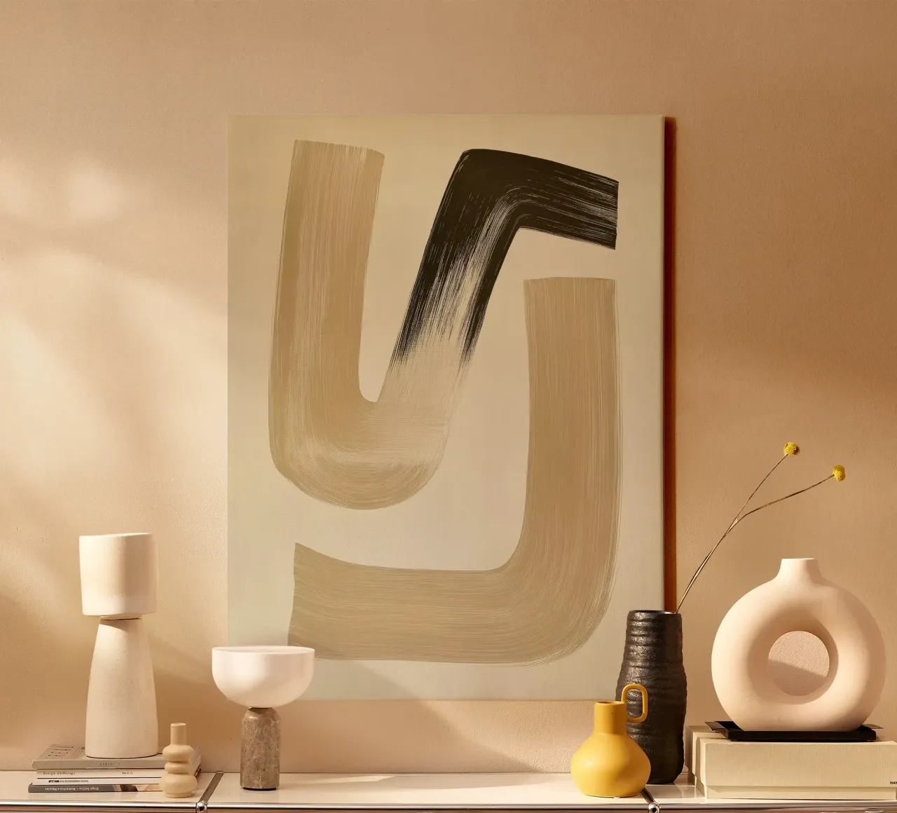 Abstracte vormen in bruine kleuren canvas met Baklijst van Imagine