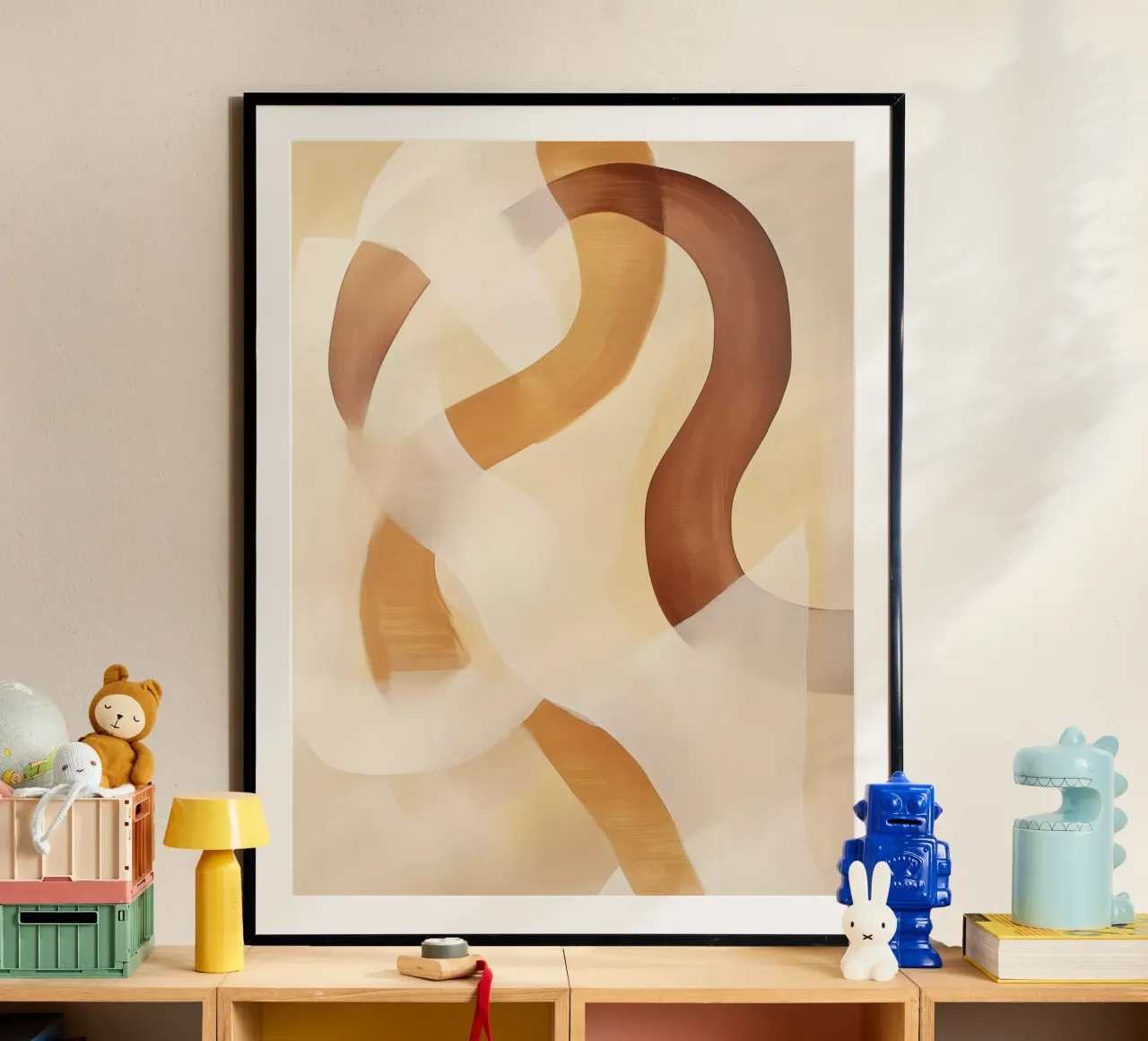 Abstracte vormen in bruine kleuren poster met houten frame van Imagine