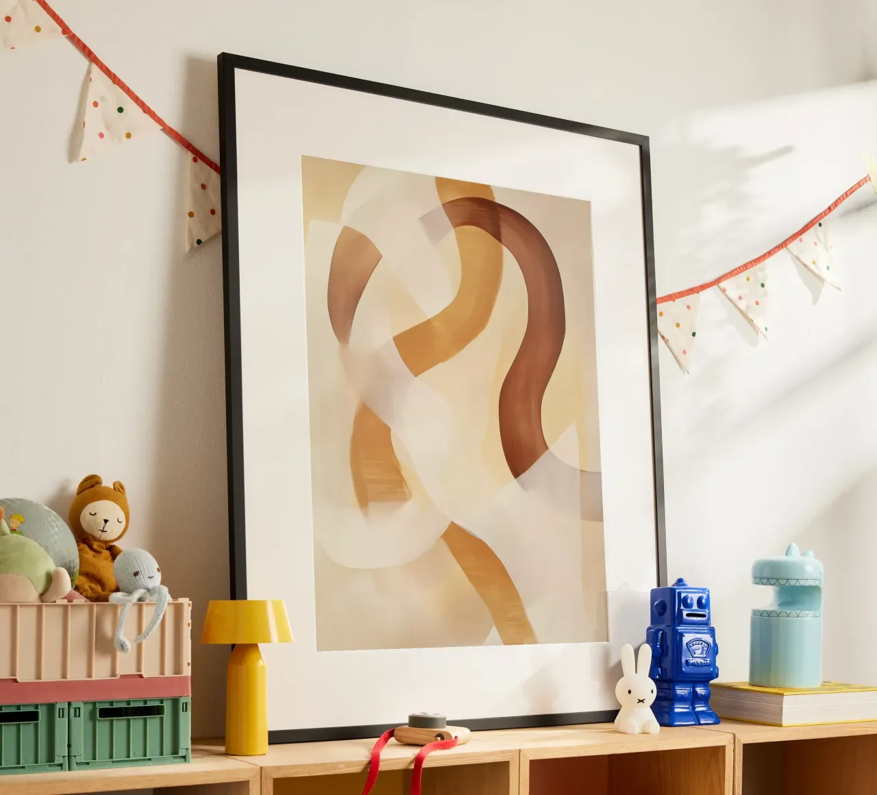 Abstracte vormen in bruine kleuren poster met houten frame van Imagine