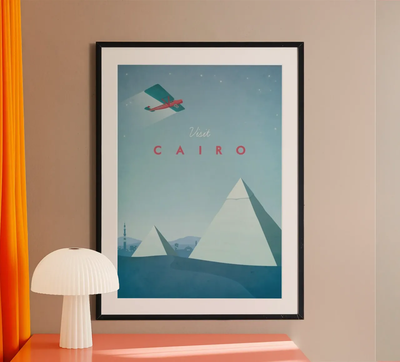 paesaggio urbano piramidi aereo al cairo poster con telaio in legno da unyil shope