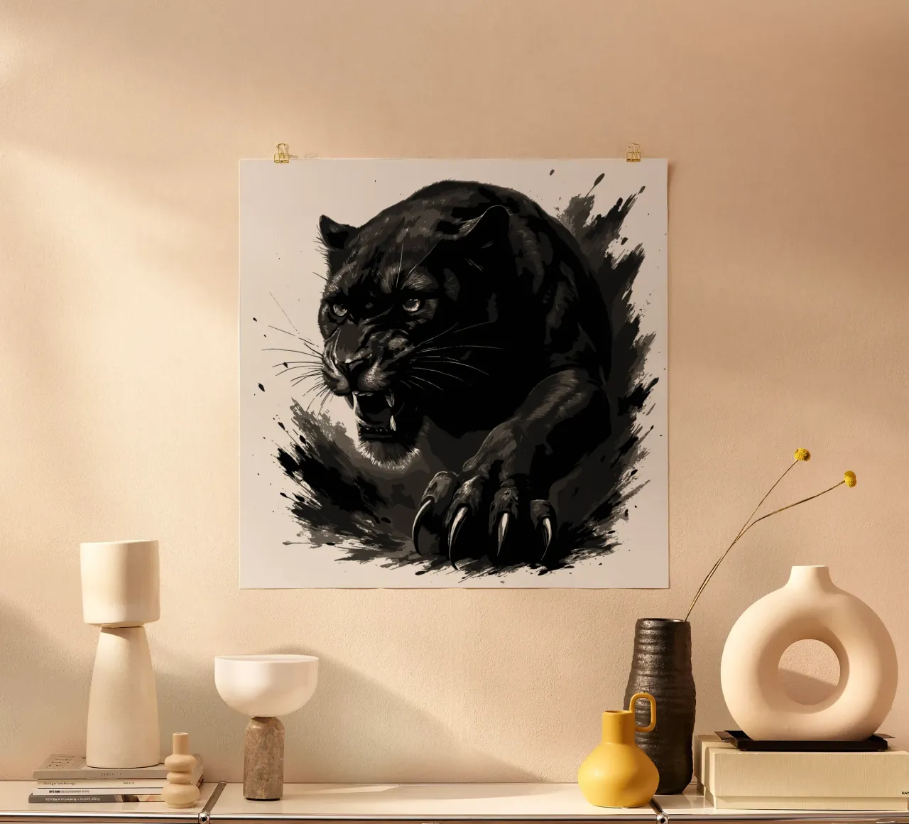 Pantera Nera - Balzo feroce - Effetto vernice a inchiostro poster con telaio in alluminio da LM2KONE